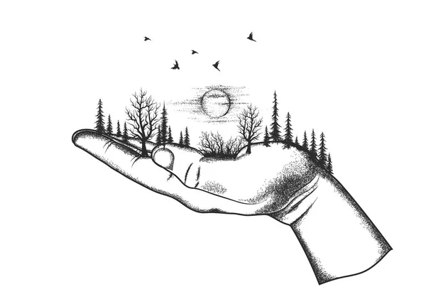 Forest are located on a human hand — Stock Vector