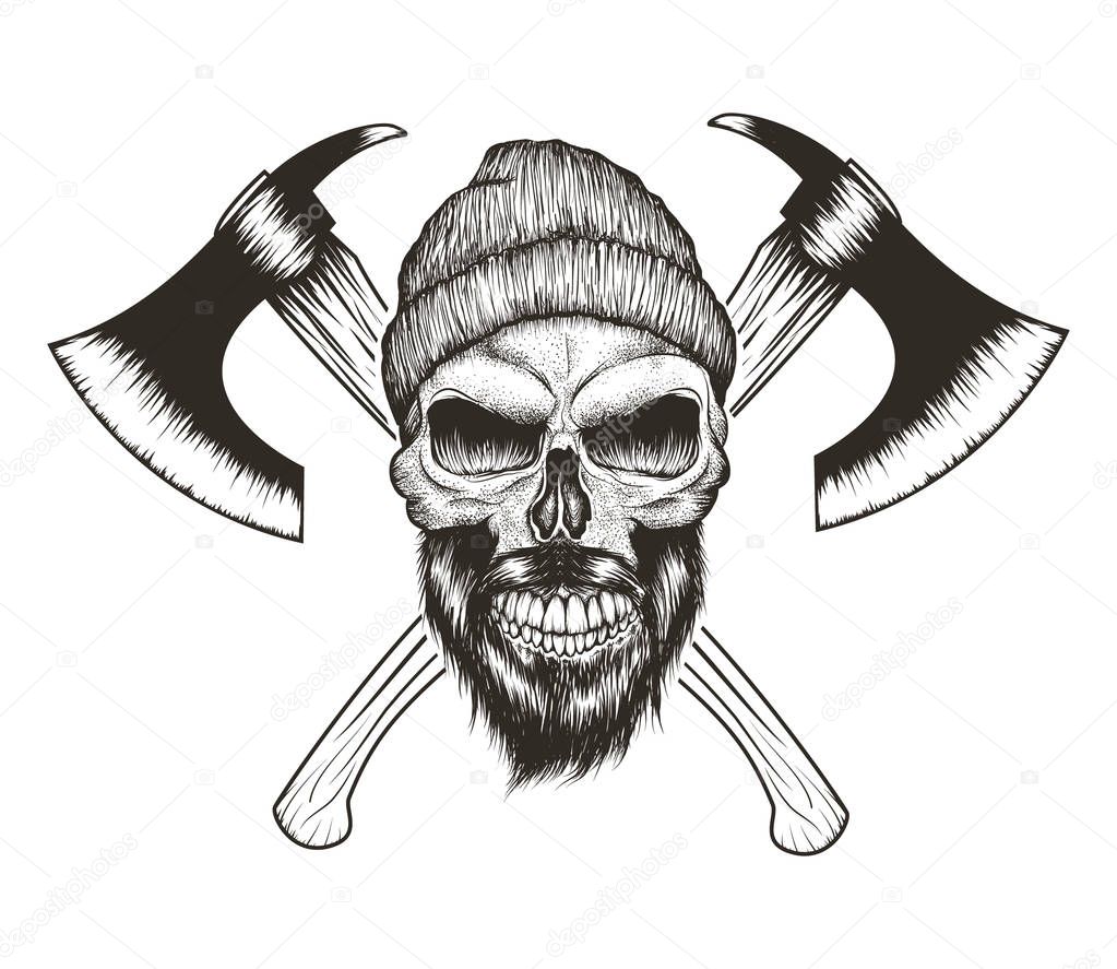 Skull-lumberjack with beard,hat and two axes