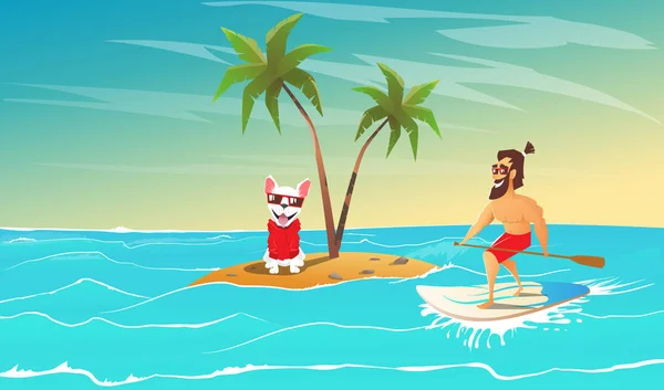 Wesoły surfer i pies są relaks — Wektor stockowy