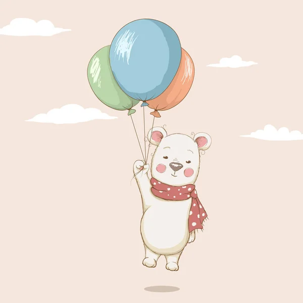 Lindo oso volando con globos — Vector de stock