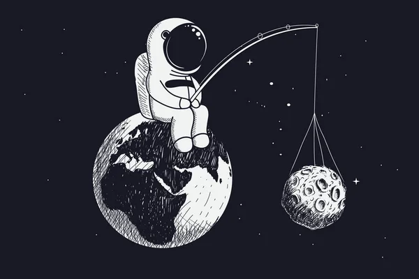 Petit astronaute assis sur la Terre et garde la Lune — Image vectorielle