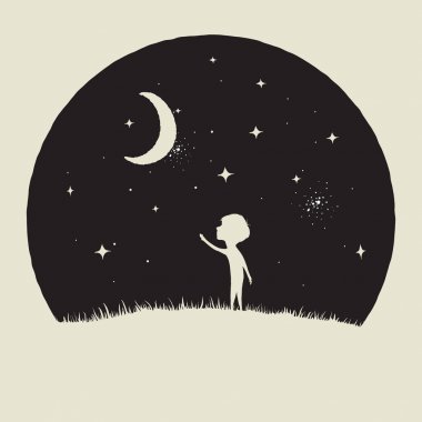 Küçük çocuk çocuk crescent Moon görünüyor