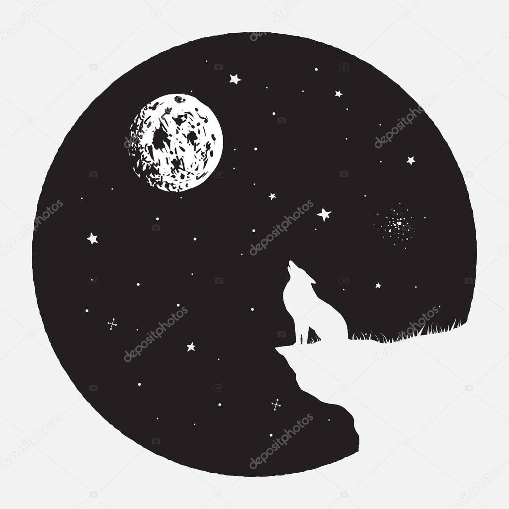 Wolf sits on breakage and howling to full Moon.Vector illustration