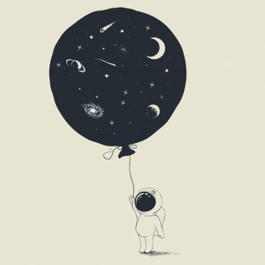 astronot bir balon ile evren içinde taşıyor