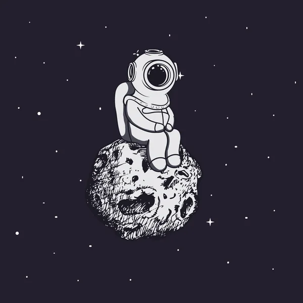 Diver come un astronauta siede su un asteroide — Vettoriale Stock