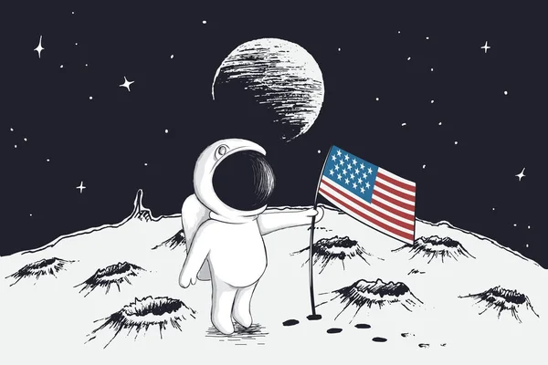 Astronaut sets a flag of USA on Moon — Stock Vector