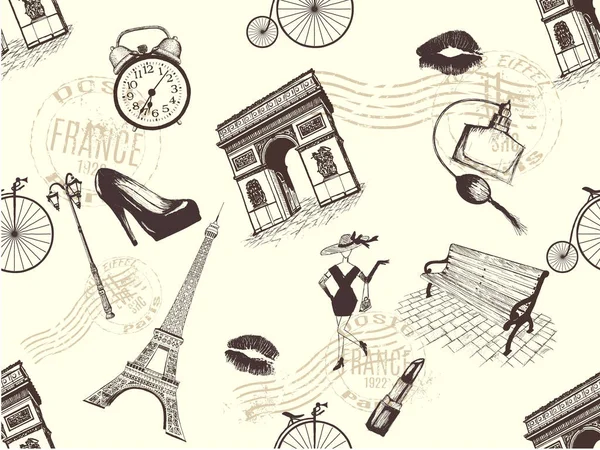 Motif vintage sans couture du thème Paris — Image vectorielle
