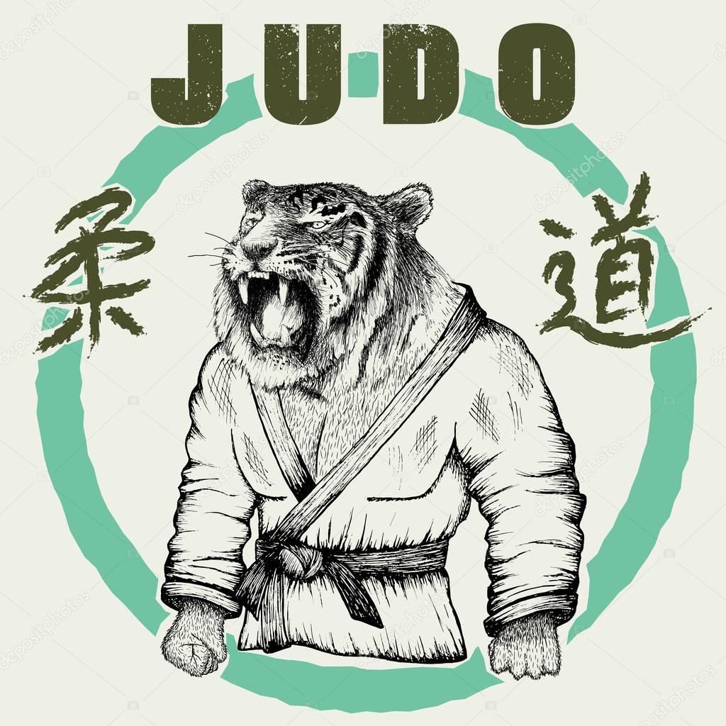 Judoka tiger dressed in kimono. Hand drawn style.Vector poster for judo-Japanese wrestling.Prints design for t-shirts