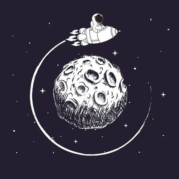Astronot uzay gemisi ve uçan ay etrafında oturuyor