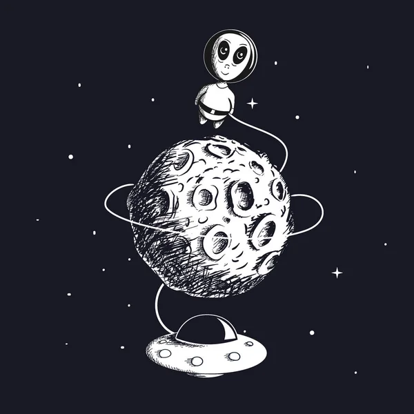 Söta främmande flyga runt månen med Ufo — Stock vektor