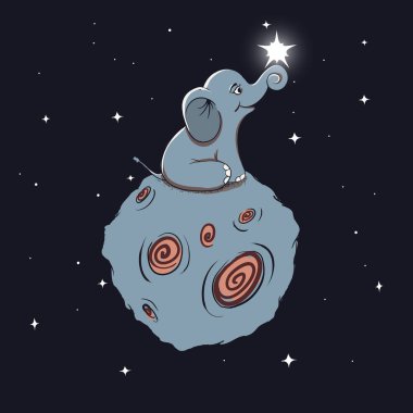 Sevimli küçük fil Moon.Childish vektör çizim üzerinde oturur
