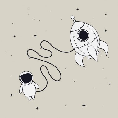 Şirin astronot uzayda roket ile. Parmak izi tasarım vektör. Çocukça illüstrasyon