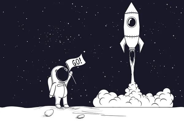 Roket fırlatma. Astronot başlatmak için komut verir. Vektör çizim