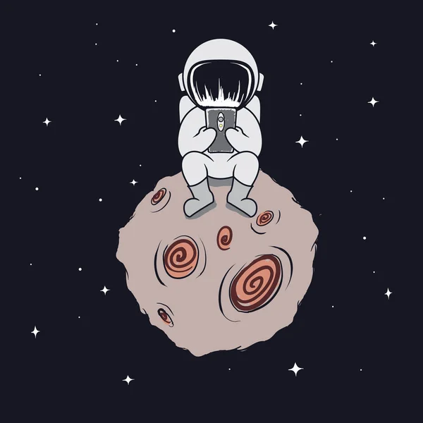Милий Астронавта Грати Смартфон Космічному Просторі Космонавтом Сидить Місяць Подивитися — стоковий вектор