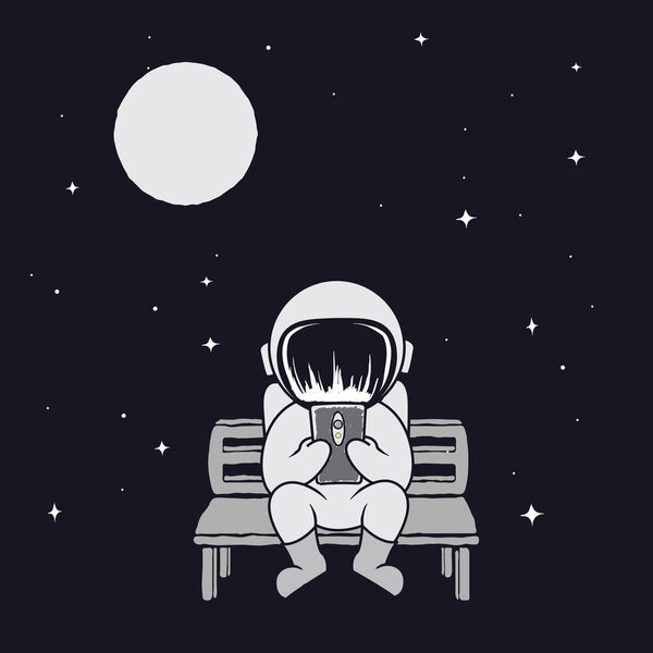 Cute astronaut play on smartphone.Spaceman sits on bench and see to mobile phone.Prints vector design.Childish illustration