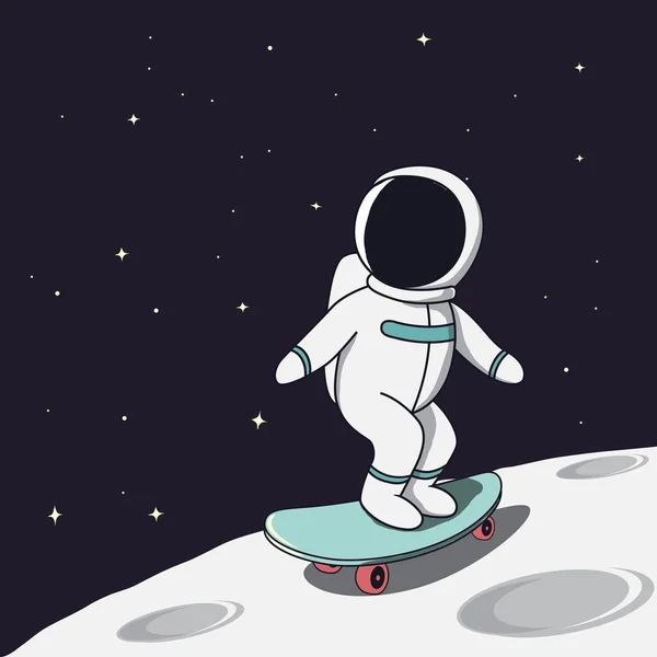 Skateboarder Astronaut Reiten Auf Skateboard Mond Cartoon Kindische Vektorillustration — Stockvektor