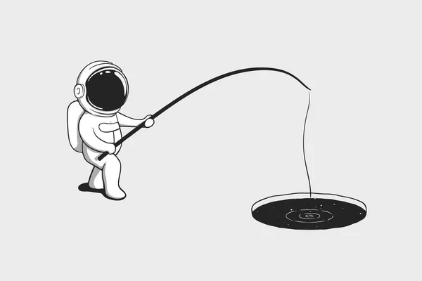 Bebé astronauta pesca en el agujero de hielo con el espacio — Vector de stock