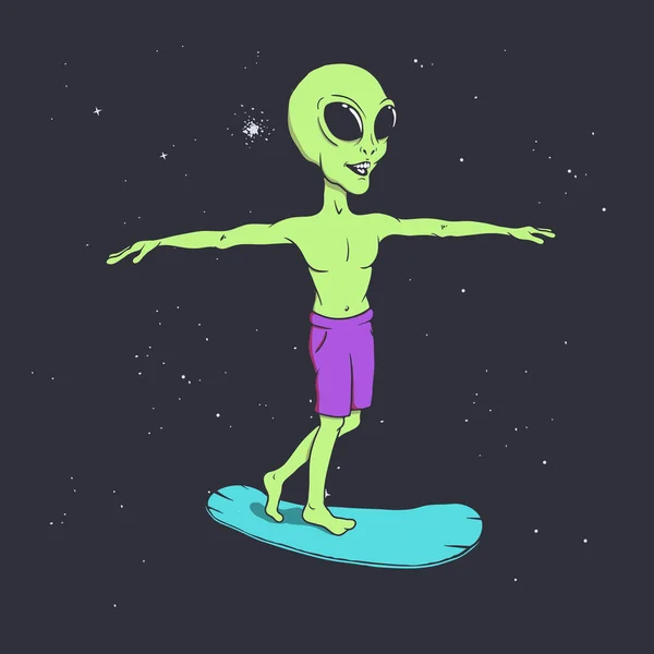 Felices paseos alienígenas en la tabla de surf en el espacio — Vector de stock