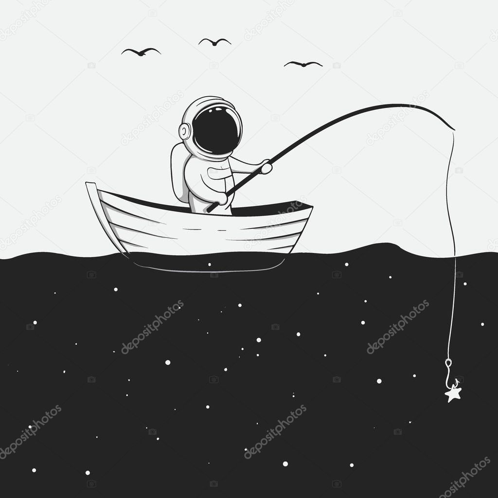 cosmonaut is fishing in the space sea