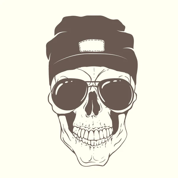 Calavera con sombrero moderno y gafas de sol — Vector de stock