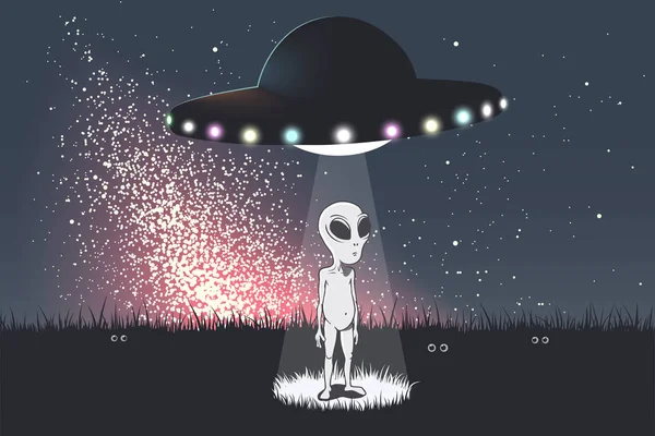 Alien was teleports from flying saucer to Earth — Stock Vector
