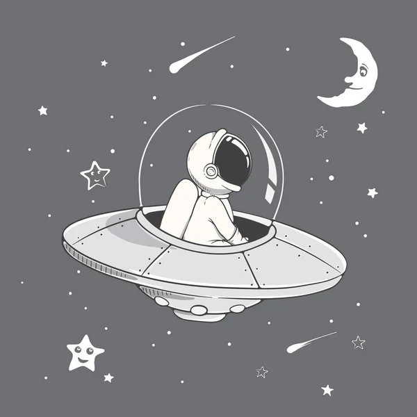 Curious astronaut fly in flying saucer — 스톡 벡터