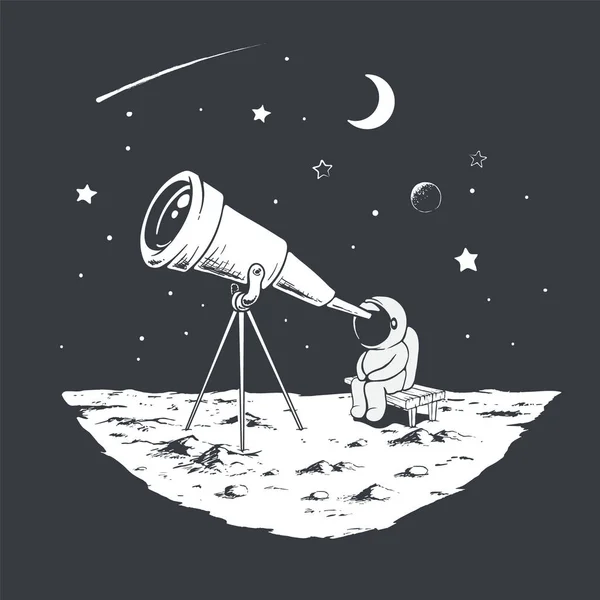 Astronot mengawasi bintang-bintang melalui teleskop - Stok Vektor