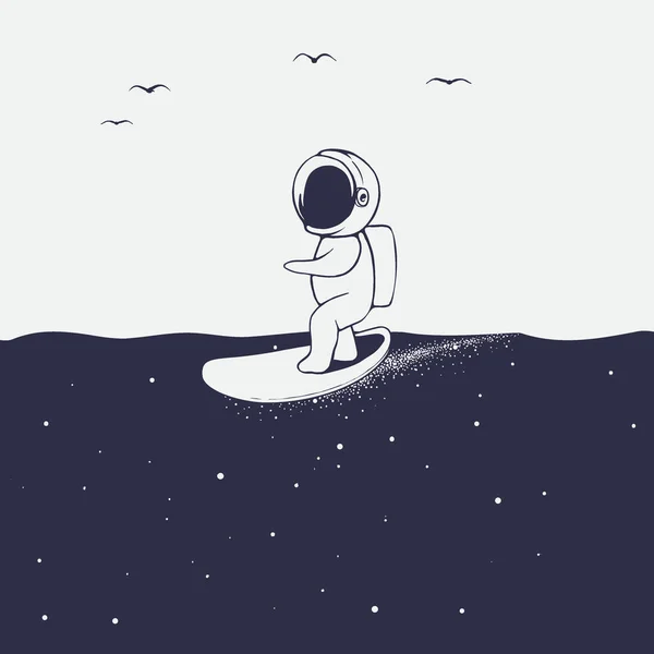Astronaut rides on surfboard on space sea — Stock Vector