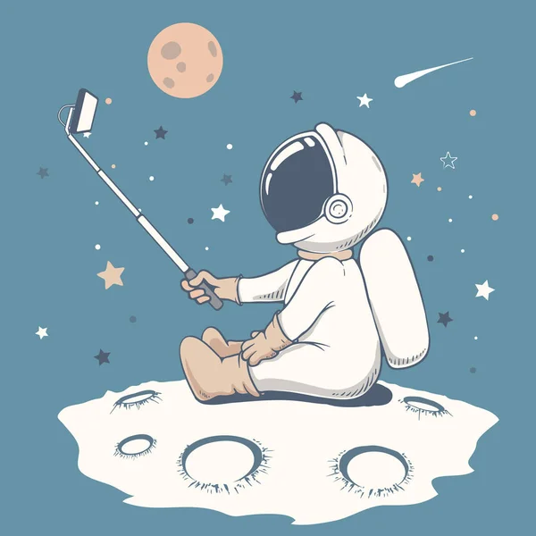 Curious astronaut make a selfie on Moon — Stock Vector