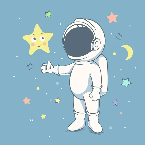 Curious astronaut plays with star — Stock Vector
