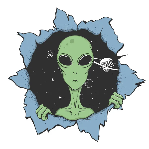 Alien mirándonos desde el agujero del espacio — Vector de stock