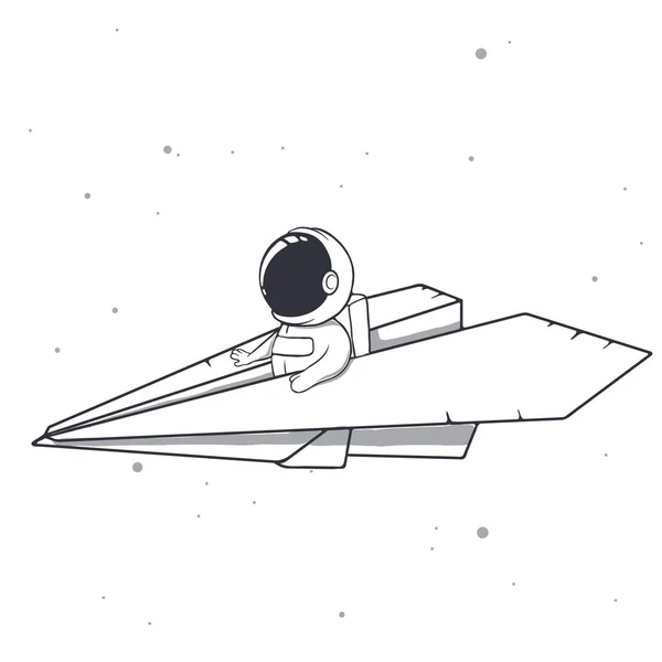 Baby Astronaut Flies Paper Airplane Space Vector Illustration — стоковый вектор