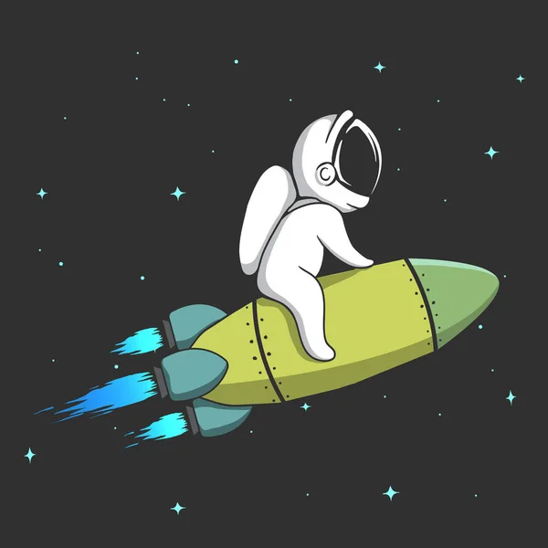 Little astronaut flies on rocket in space — Stock vektor