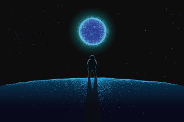 Yeni gezegendeki astronot mavi yıldıza bakıyor