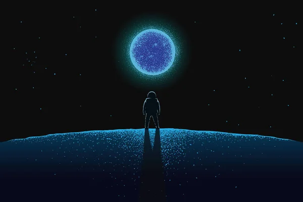 Astronauta en el nuevo planeta mira a la estrella azul. — Vector de stock