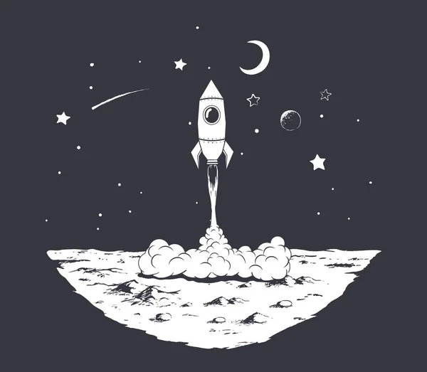 惑星からのロケット打ち上げ黒と白のバージョン — ストックベクタ