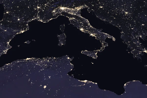 Italië nacht zicht vanuit de ruimte, Stockfoto