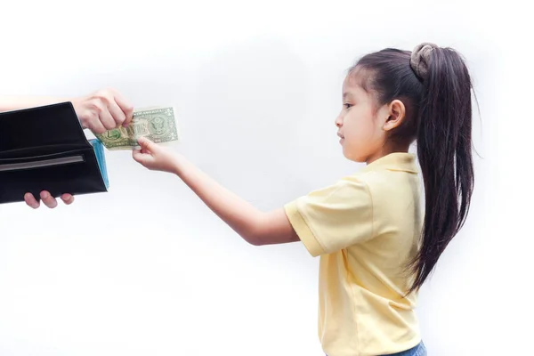 Parent Pulls Out Money Wallet Little Girl White Background — Stock Photo, Image