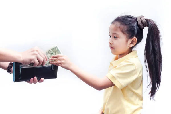 Parent Pulls Out Money Wallet Little Girl White Background — Stock Photo, Image