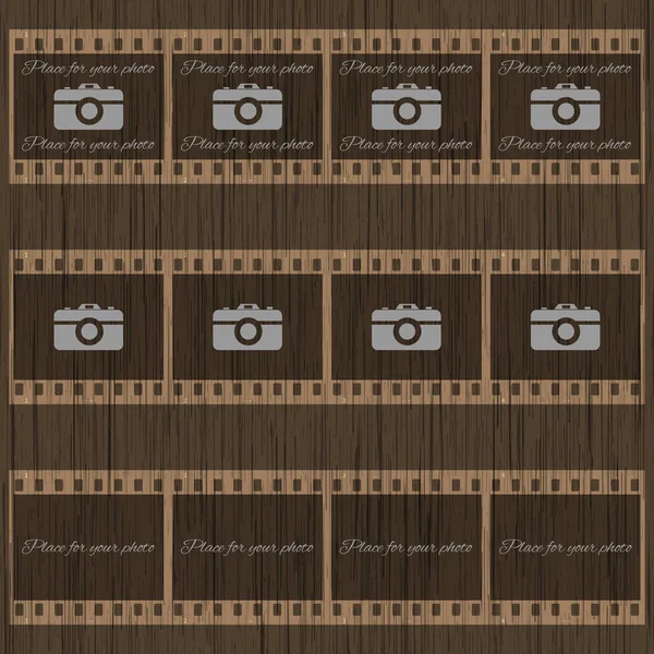 Filmstrip template with photo camera on wooden background — Stock Vector