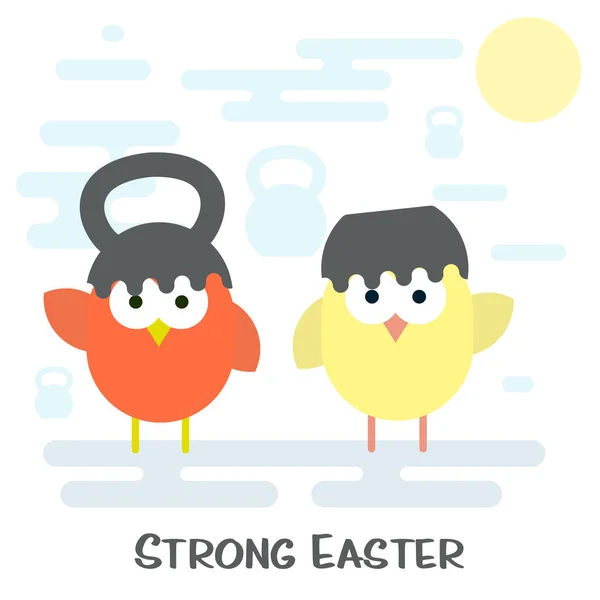 Flat Happy easter card concept with cracked kettlebell and chickens. — Stock Vector