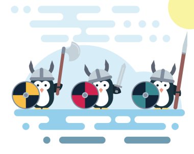 Vikingler savaşçılar silahlarla stilize düz penguen karakterler.