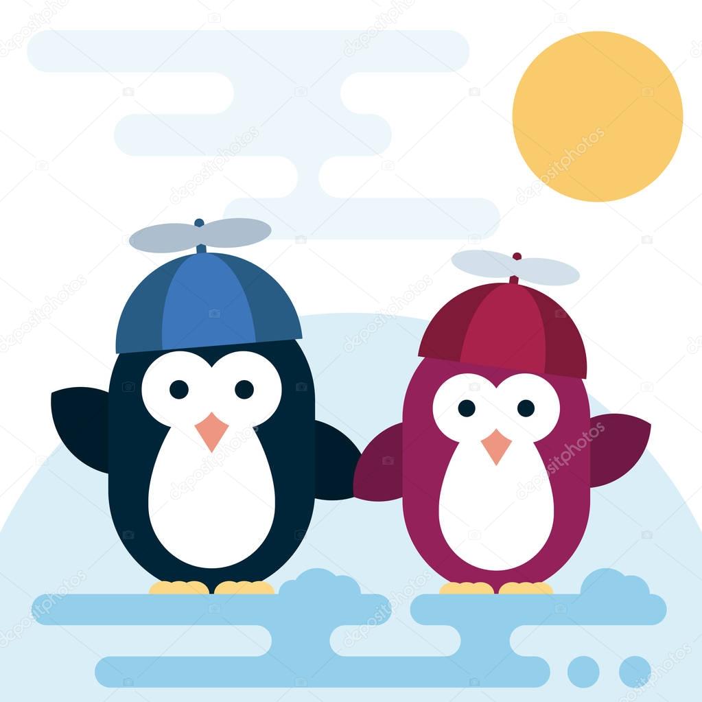 Vector penguins characters stylized as a children with the propeller hats.