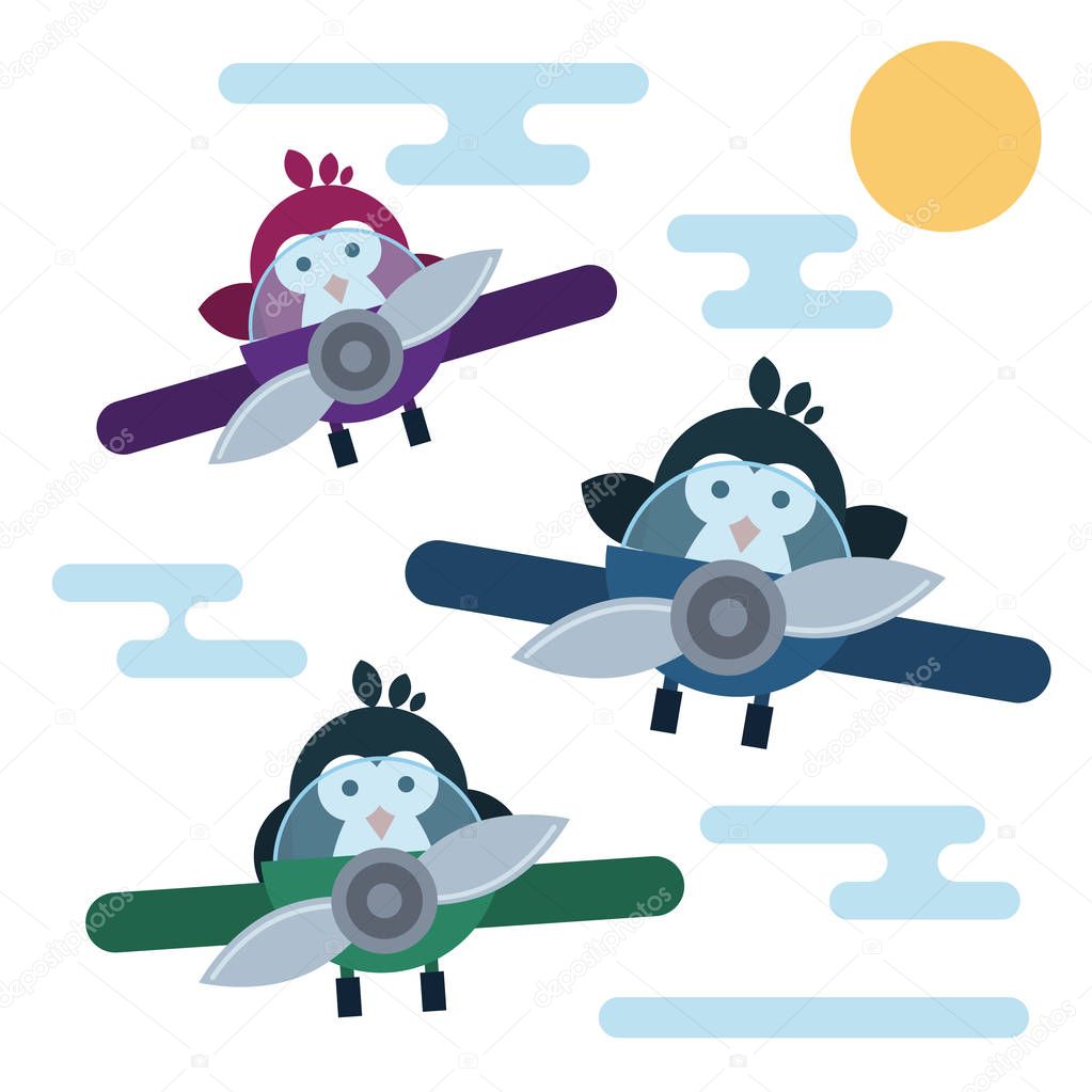 Flat penguins characters stylized as a pilots in the airplanes.
