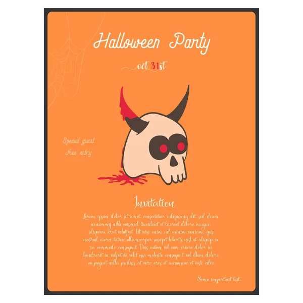 Modello di biglietto d'invito alla festa di Halloween. Concetto con teschio cornuto sullo sfondo arancione . — Vettoriale Stock