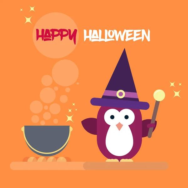Charakter płaskich Pingwin stylizowane jako czarownica z magic stick i pot. Nowoczesne mieszkanie szablon karty Halloween. — Wektor stockowy