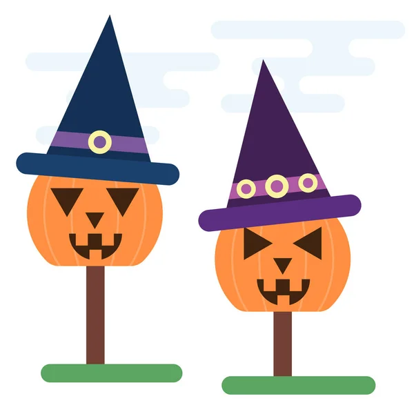 Halloween concept of carved pumpkins with witch hats. — Stock Vector