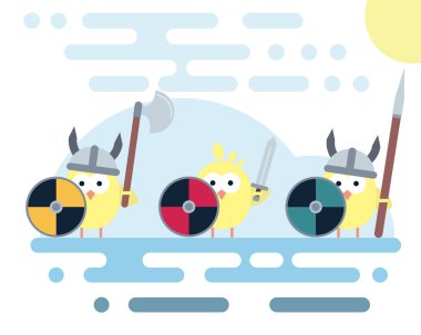 Vikingler savaşçılar silahlarla stilize düz tavuk karakterler.