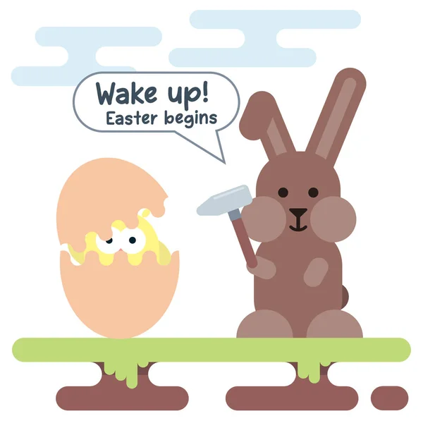 Flache Illustration von neugeborenen Hühnern und Hasen mit Hammer. Vorlage für Osterkarten. — Stockvektor