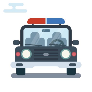 Stilize polis arabasının ön yüzü modern düz çizgi film gösterimi.